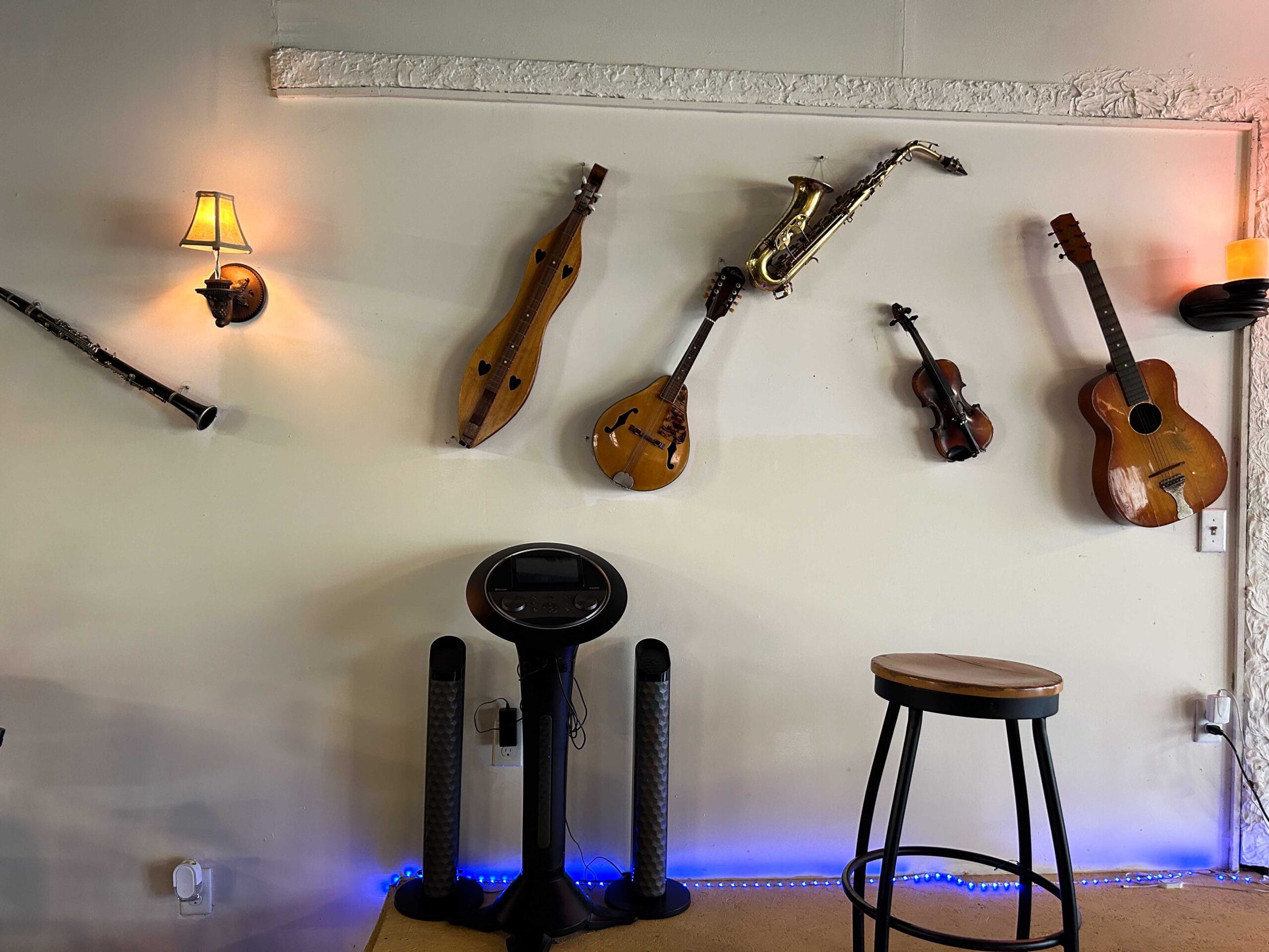 Picture of stage and instruments on wall at Donnie's Place