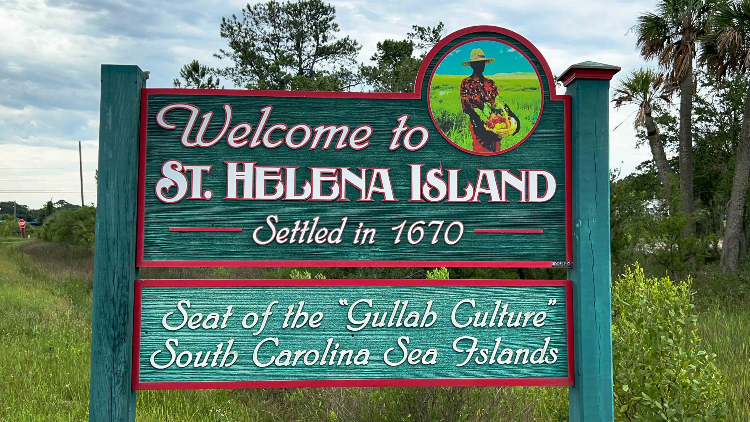 View of "Welcome to St. Helena Island" sign in St. Helena Island, SC
