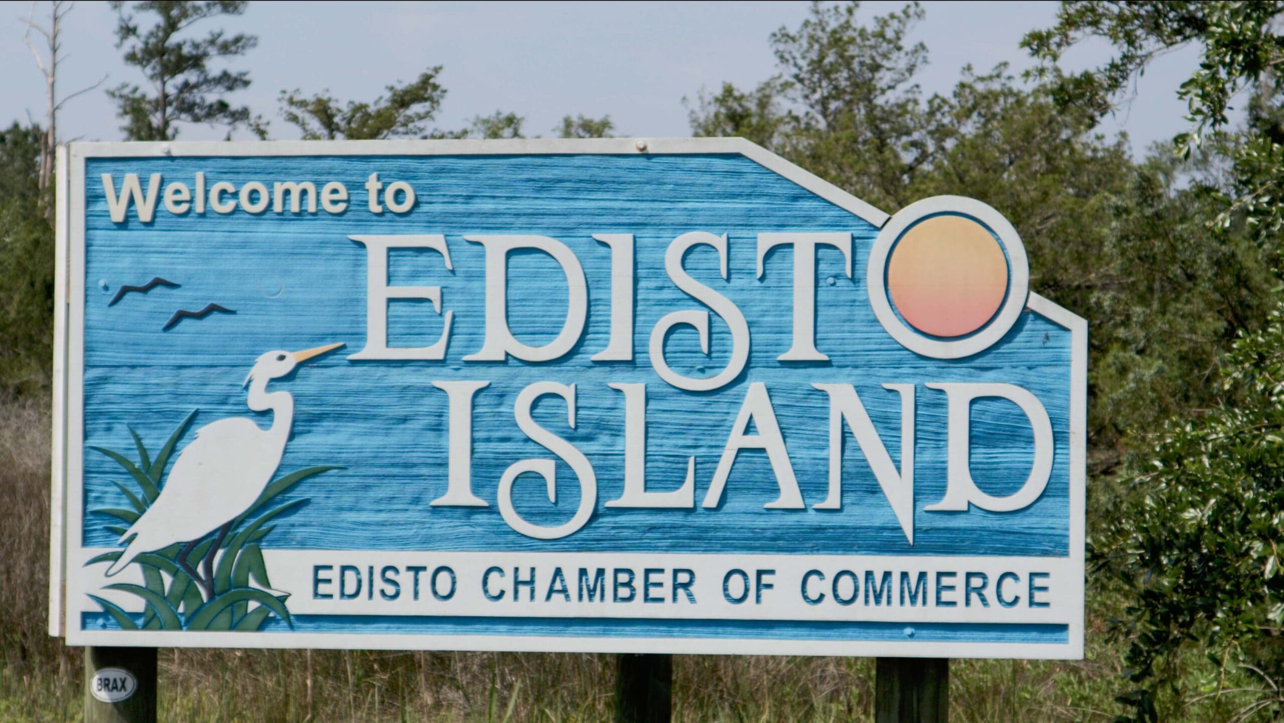 View of "Welcome to Edisto Island" sign in South Carolina